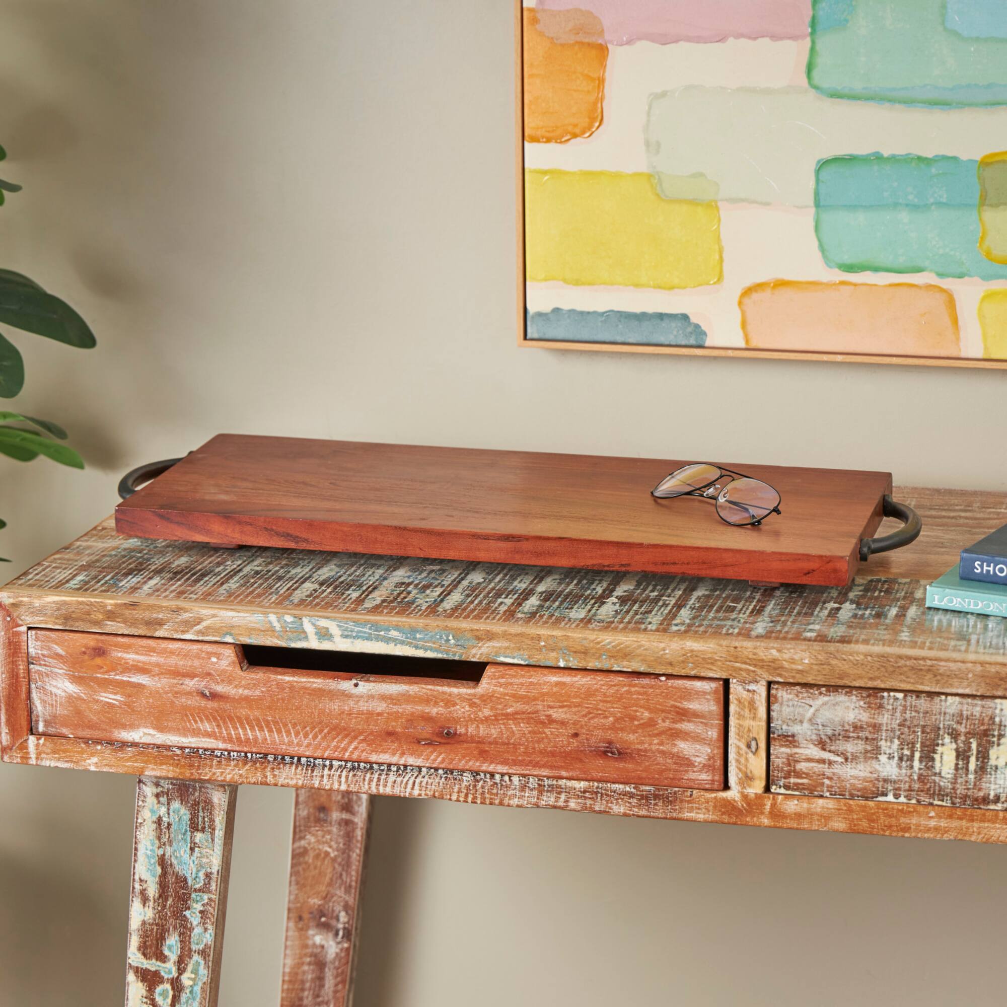 28" Brown Wood Tray with Black Metal Handles